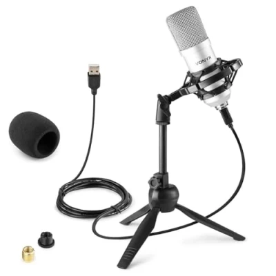Imagen de Vonyx CM300S Micrófono de Condensador para Estudio USB, con Soporte Mesa Plegable, antigolpes, Anti Pop Podcast, Juegos, Streaming, Vlogs, PS4 Color Plateado