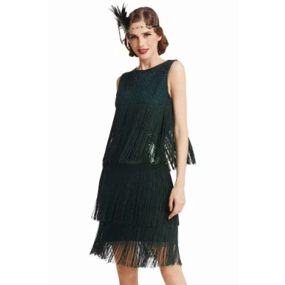 Imagen de ArtiDeco vestido de Charleston estilo 1920 largo hasta la rodilla para mujer, fiesta los años 20, traje, Gatsby verde oscuro M