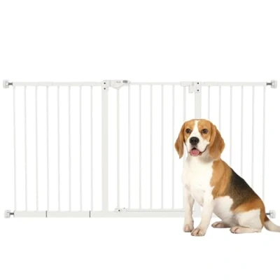 Imagen de PawHut Barrera de Seguridad Extensible para Puertas y Escaleras Perros con Cierre Automático Sistema Doble Bloqueo Metal 74 147,5x76,2 cm Blanco