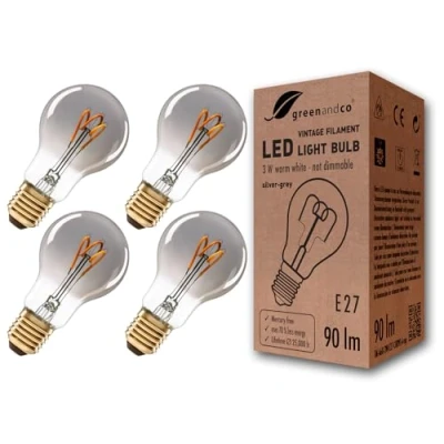 Imagen de greenandco 4x Bombilla de filamento LED Vintage gris plata E27 A60 3W 90lm 1800K (blanco cálido) 360 230V vidrio, no regulable