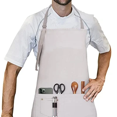 Imagen de LessMo delantal, 100% algodón de cocina delantal con correa para el cuello ajustable, barbacoa calidad profesional 70 x 85 cm, Gris