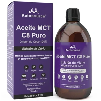 Imagen de Aceite MCT C8 Puro Botella de Vidrio Aumenta las Cetonas 4 Veces en Comparación con Otros Alto 99%+ Pureza Apoya Nutrición Keto y Ayuno Origen Coco 100% 500ml Ketosource®