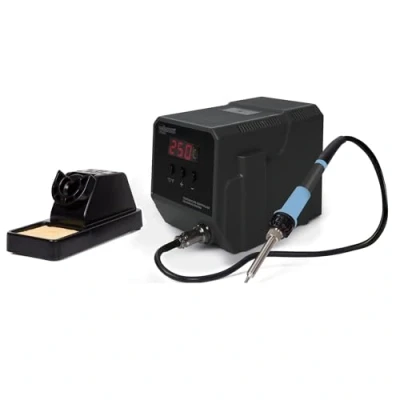 Imagen de Velleman Estación de soldadura con pantalla LED y elemento calefactor cerámico, 90 W, rango temperatura 50 480 C, adecuada para profesionales o aficionados al bricolaje, gris