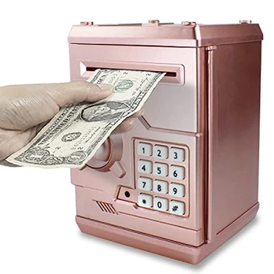 Imagen de HUSAN Hucha electrónica para niños con código electrónico de cerditos, Mini cajero Monedas ATM, Caja Monedas, Juguete Divertido Regalo (Oro Rosa)