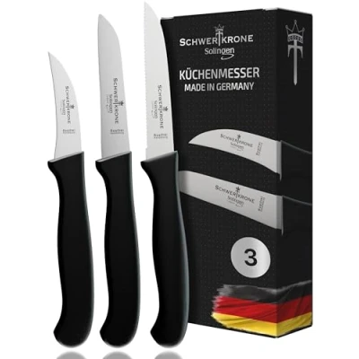 Imagen de Schwertkrone Solingen Premium Juego de cuchillos cocina (3 piezas, hoja recta, curvada y dentada, apto para lavavajillas)
