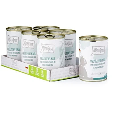 Imagen de MjAMjAM comida húmeda premium para gatos excelente ternera y pavo con deliciosas zanahorias, pack de 6 (6 x 400 g), sin cereales extra carne