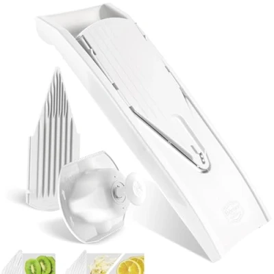 Imagen de Börner Cortador de verduras V1 ClassicLine Basic Set (4 piezas) Mandolina en V Classic + soporte inserto para rodajas y seguridad rallar (Blanco)