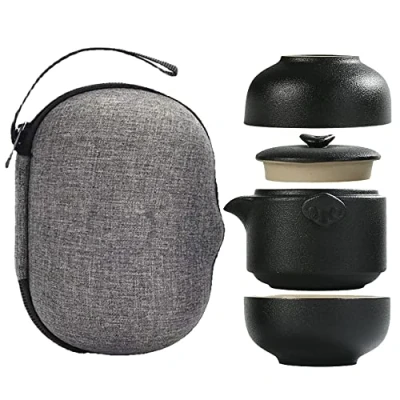 Imagen de TAMUME Juego de Té Viaje para 2 Personas, Tetera Porcelana y Tazas con Bolsa Portátil (Negro)