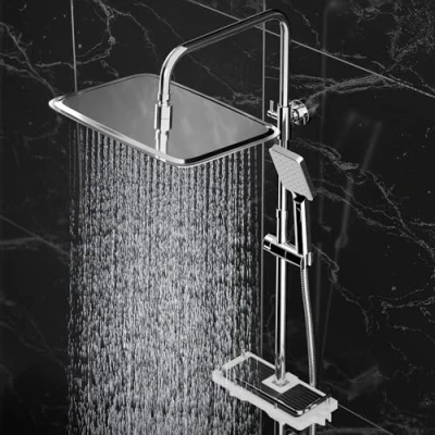 Imagen de Görbach Columna de Ducha con Grifo Termostático Termostática Barra Altura Ajustable Mano y Alcachofa para Lluvia Cuadrada 35x25cm Cromo