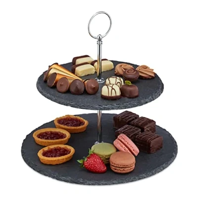 Imagen de Relaxdays Soporte Tartas, 2 Pisos, Bandejas Pizarra, Expositor Pasteles, Platos Cupcakes, 23x25 cm, Antracita y Plateado
