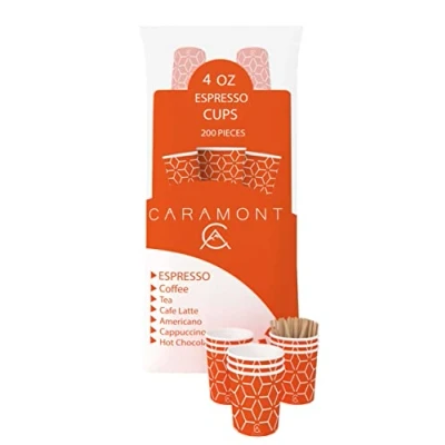 Imagen de Caramont,200 Vasos Carton Desechables para Café Espresso de 4 onzas 110 ml con agitadores madera, ecológicos y desechables, resistentes al calor