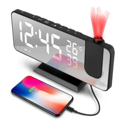 Imagen de tEEZErshop Despertador Proyector Techo 180,Despertador Digital con 4 Ajuste del Brillo, FM Radio , Volumen de la Alarma Ajustable/Temperatura, Repetición/ (Puerto USB)