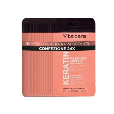Imagen de Vitalcare Keratin Mascarilla capilar fortalecedora, para cabellos frágiles y estresados, con queratina arginina, un cabello más fuerte suave, 24 sobres de 25 ml