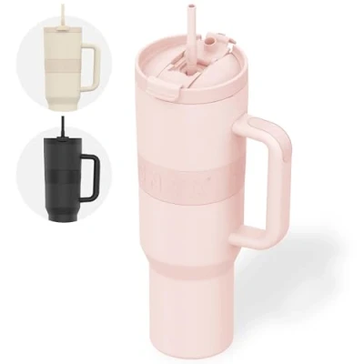 Imagen de ONYX Botella para beber con pajita de 1,2 litros agua niños y adultos Taza térmica acero inoxidable Travel Mug Recipiente motivador Vaso la Escuela Rosa