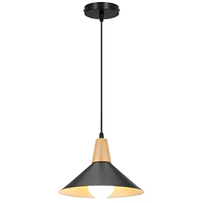 Imagen de LIGKIN Lámpara Colgante Industrial Moderna Ø25cm Pantalla Metal Madera de Techo Retro E27 Iluminación para Cocina Comedor Cafetería (1 Negro)