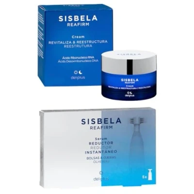 Imagen de Pack 2 Crema Facial Revitaliza y Reestructura 50 ml. con ácido Ribonucleico RNA todo tipo de pieles + Sérum Reductor Instantáneo bolsas ojeras Sisbela Reafirm. Caja 5 unidades (10 ml.)