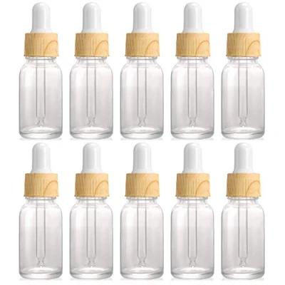 Imagen de Alledomain 10 botellas de cristal transparente ml con pipetas cuentagotas vacías, mini cuentagotas, tapa plástico grano madera, mezclas aromaterapia, líquido químico