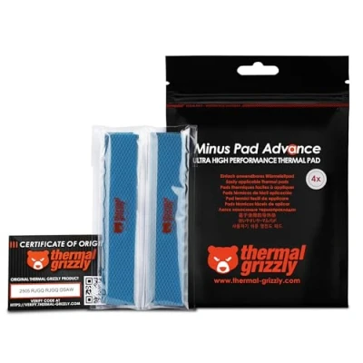 Imagen de Thermal Grizzly Minus Pad Advance Paquete de 4 almohadillas interfaz térmica, 120 x 20 3 mm, eléctricamente no conductiva, alta conductividad térmica y compresibilidad para SSD, GPU