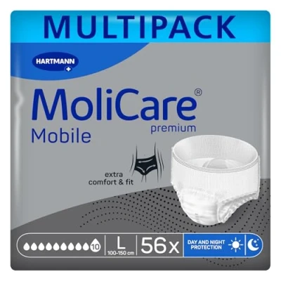 Imagen de Molicare Mobile 10 Gotas Talla L, Ropa Interior Absorbente para Mujeres y Hombres con Incontinencia Severa, Protección Contra Fugas, Respetuosa la Piel, Mejor Ajuste Corporal, 56 uds