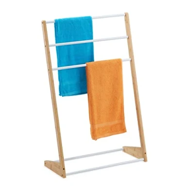Imagen de Relaxdays Portatoallas de Pie Bambú y Hierro, 3 Barras, Baño, Dormitorio, 98 x 62 30 cm, Escalonado, Natural Blanco