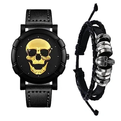Imagen de JewelryWe Juego de Pulsera Reloj Esqueleto, Redondo Cuarzo Analógico, Steampunk, Hombre y Mujer, Regalo Halloween, 2 Piezas, Plata