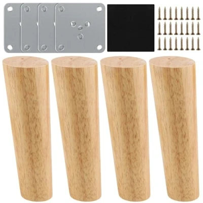 Imagen de Patas para Muebles Madera, 4 Piezas conicas de Madera Sofá Placas Montaje y Tornillos Mesa Cama, Armario, Sillón 15cm Cilindro