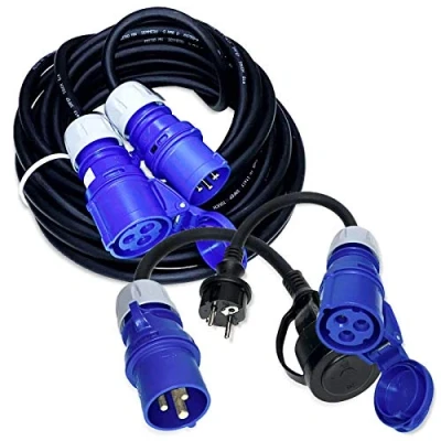 Imagen de IntuiFlex CEE Juego de cables camping (230 V, 10 m, cable alimentación, 2 adaptadores H07RN F 3G2,5, IP44, 3 x 2,5 mm, 230 16 A, enchufe Schuko a y
