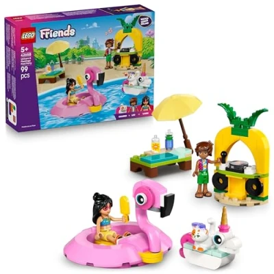 Imagen de LEGO Friends Fiesta en la Piscina con Flamenco y Unicornio Juguete Flotadores de Animales, 2 Mini Muñecos Figura Gato Churro Cabina DJ Tumbonas Regalo para Niñas 7+ Años 42658