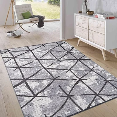 Imagen de Jimri Alfombra de salón, Elegante Pelo Corto, diseño Vintage, Moderna, Tejido Plano, Reversible, Rombos, Gris Claro, tamaño: 75 x 150 cm