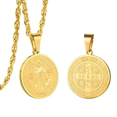 Imagen de PROSTEEL San Benito de Nursia Cruz Oro Medalla Colgante Simbolo Cristiano Amuleto Fe, Cadena Dorada 55cm Largo Ajustable