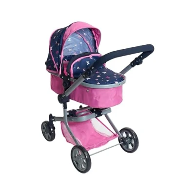 Imagen de Bayer Chic 2000 595 33 Mika Cochecito de muñecas 2 en 1 para niños 4 a 8 años, Mariposa, Rosa y Azul Marino, 73 x 41 82 cm