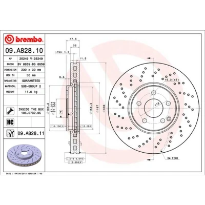 Imagen de BREMBO COATED DISC LINE 09.A828.11 Disco de freno 330 32 5 perforado/ventil. int. revestido altamente carbonizado con tornillos