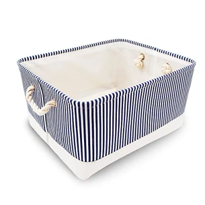 Imagen de Mangata Caja de Almacenamiento Tela, Cesta Lona Engrosada Plegable con Asas Cuerda para Ropa, Juguetes (Rayas Azules, Medium)