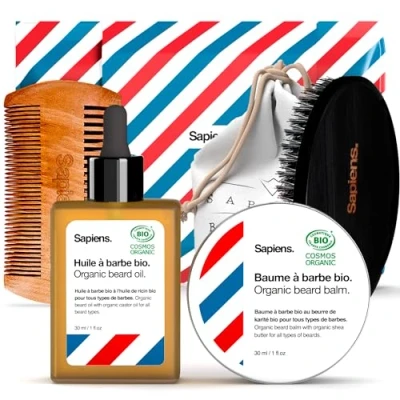 Imagen de Kit de Cuidado para Barba Hombre Sapiens BarberShop Aceite y Bálsamo Orgánico 100% Natural Certificado Cosmos Organic/ECOCERT Peine Barba, Cepillo Tijeras, Estuche