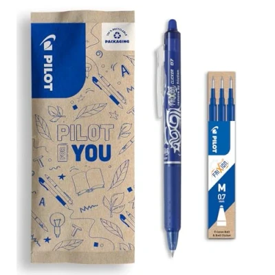 Imagen de PILOT Set de 1 Frixion Ball Clicker + 3 recambios Bolígrafo retráctil borrable con tinta termosensible Rollerball recargable y ergonómico Azul Punta media