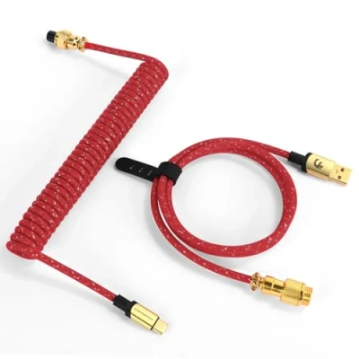 Imagen de MAMBASNAKE C03 Cable USB C en Espiral para Teclado de Juegos, Tipo A Starlight Nailon Braided Coiled Mecánico, con 24K Gold Conector Aviador Desmontable Rojo