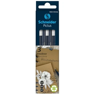 Imagen de Schneider Pictus Fineliner (grosor de trazo 0,3 mm, 0,5 mm y 0,7 mm), color negro, 3 unidades