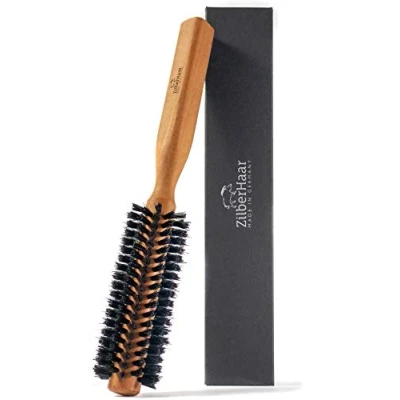 Imagen de ZilberHaar Cepillo para Pelo y Barba Styler redondo 100% cerdas auténticas de jabalí (duras), 3 cm Mango madera peral, 21 222 orificios Cuidado facial masculino