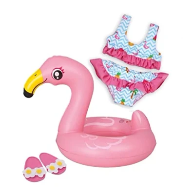 Imagen de Heless 99 Set de natación para muñecas, 3 piezas, Flamingo Ella, bikini, chanclas y anillo natación, talla 35 45 cm, divertirse nadando en los calurosos días verano