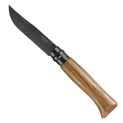 Imagen de Opinel Navaja Plegable N08 Hoja de Acero Inoxidable Acabado Negro Mango Roble Corte Perfecto, Fácil Mantenimiento Anillo Seguridad Virobloc Fabricada en Francia