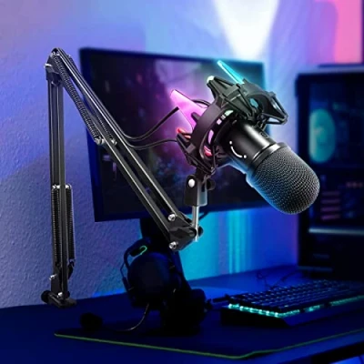 Imagen de FIFINE Kit de Microfono Gaming para PC USB, Cardioide Micrófono Dinámicos Ordenadores PS4 PS5, con Botón Silencio, Soporte Choque 8 Colores RGB, Brazo