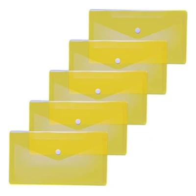 Imagen de HERMA 20033 Bolsas para documentos (22 x 12 cm, polipropileno, 5 unidades), transparente con botón de presión, escuela, universidad, oficina, PP, color amarillo