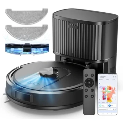 Imagen de Robot Aspirador y Fregasuelos W11 con Potente Succión 5000Pa, Sistema de Navegación Láser Inteligente Función Mapeo Inteligente, Tiene Base Autovaciado, Negro
