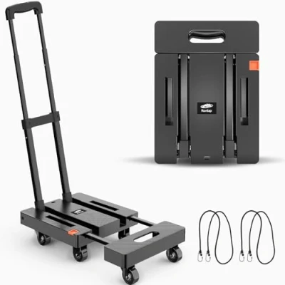 Imagen de Ronlap Carretilla Plegable, de Transporte Plegable con 2 Cuerdas Extensibles Capacidad Carga 225 KG Portavasos 6 Ruedas Área Extra Grande, Negro