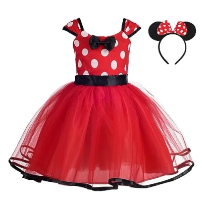 Imagen de Lito Angels Disfraz de Minnie Mouse para Niña con Orejas Ratón Aro Pelo, Vestido Tul Lunares, Talla 5 6 años, Rojo