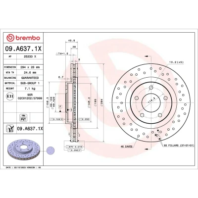 Imagen de BREMBO Disco de freno DODGE: Journey MPV, Caliber Hatchback, Avenger Berlina, JEEP: Compass, Patriot 294mm 26mm 5 perforado/ventil. int. revestido