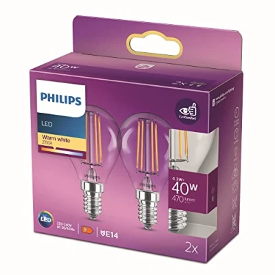 Imagen de Philips Bombilla LED cristal 40W P45 E14 luz blanca cálida, transparente, no regulable pack 2
