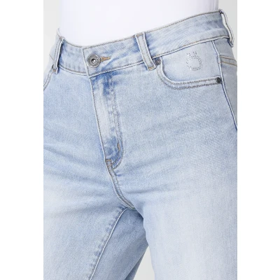 Imagen de Pantalón largo jeans ancho con Cierre delantero cremallera y botón color Azul para Mujer