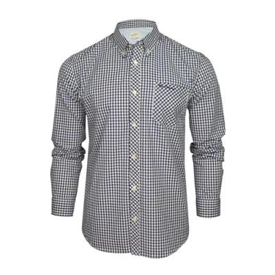 Imagen de Ben Sherman Camisa Oxford con cuello abotonado para hombre, manga larga, ajuste regular, Cuadros a cuadros, azul oscuro, M