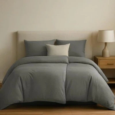 Imagen de Dreamzie Funda Nordica Algodon 135x200 Gris Oscuro Ropa de Cama, 2X Edredon y Almohada 80x80 Algodón Reforzado 4 Piezas